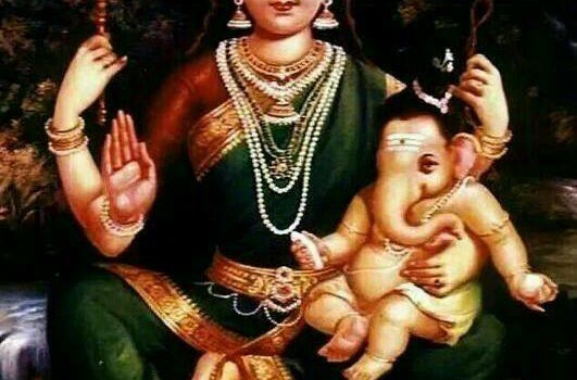 Hindu Goddess Parvathi With Her Son Lord Ganesha