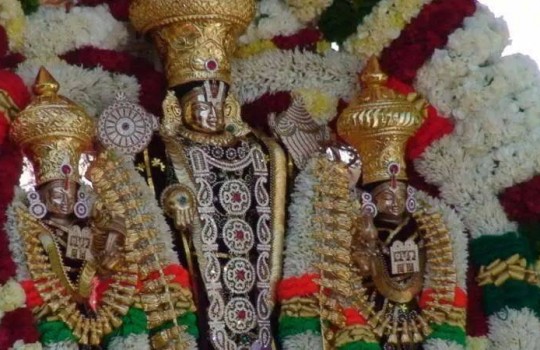 Lord Sri Venkateswara With His Consorts Sri Devi And Bhudevi