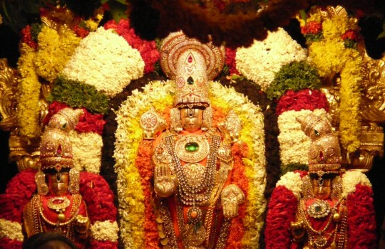 A Fully Decorated Sri Varu With Sri Devi And Bhudevi During Teppotsavam