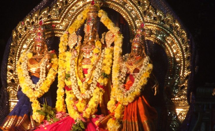 Lord Vishnu with Goddesses Sridevi and Poomadevi